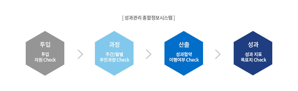 성과관리 종합정보시스템 - 투입(투입자원 Check)>과정(주간/월별 추진과정 Check)>산출(성과협약 이행여부 Check)>성과(성과지표 목표치 Check)